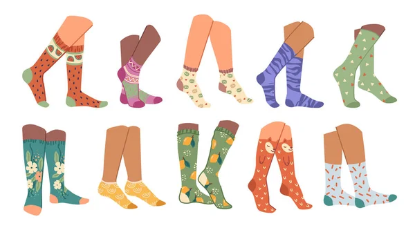 Funny socks on human legs, male female stockings — Stock Vector