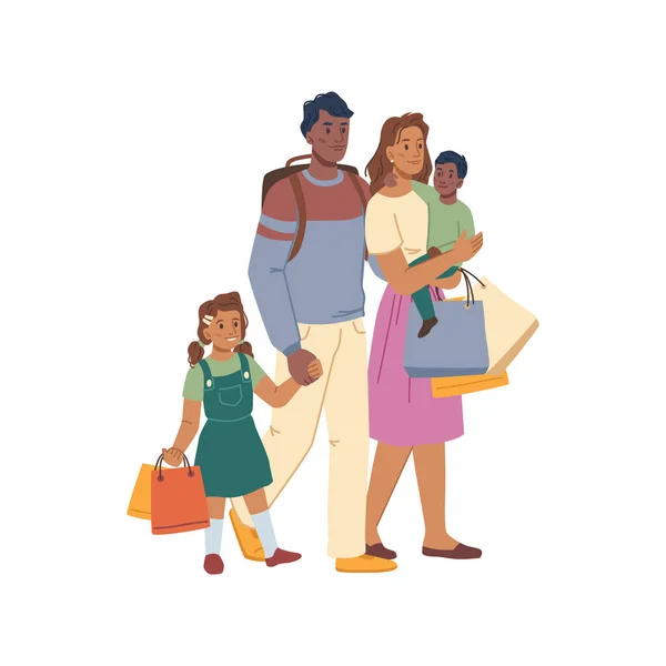 Family on shopping, cartoon people, parents, kids — Stockvektor