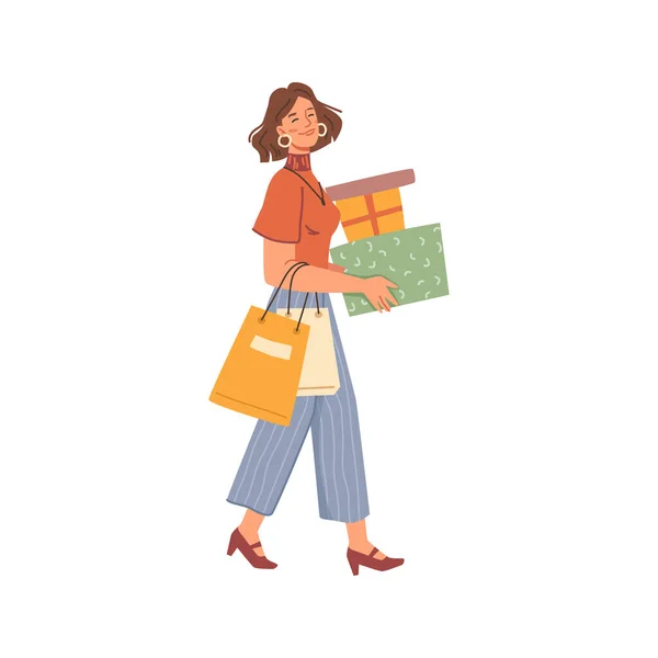Female carrying shopping bags, boxes and purchases — 스톡 벡터