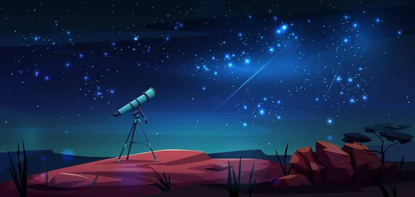 Starry sky and telescope on tripod night landscape — Vettoriale Stock