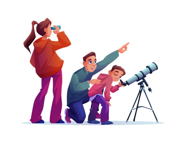 Curious cartoon family looks at telescope together — Stockvector