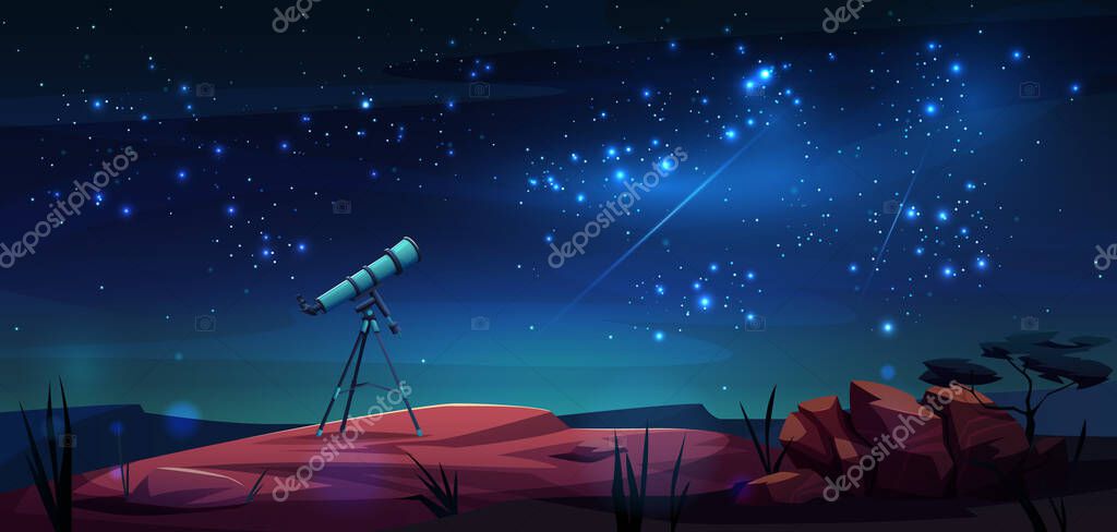 Modern portable telescope on tripod and starry sky outdoors landscape background. Vector optical device to explore, discover galaxy, cosmos, space, educational tool an night scenery, comets and rocks