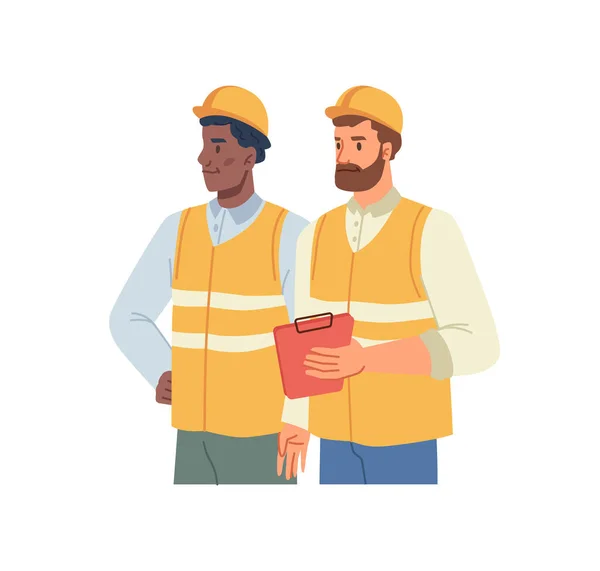 Construction industry workers in helmets and vests — Stockvektor