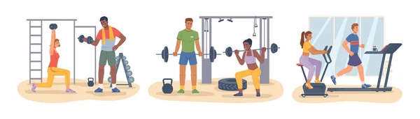 Gente entrenando en gimnasia, cardio y lifting — Vector de stock