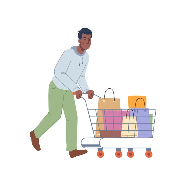 Man carrying shopping trolley cart with paper bags — Stockvector