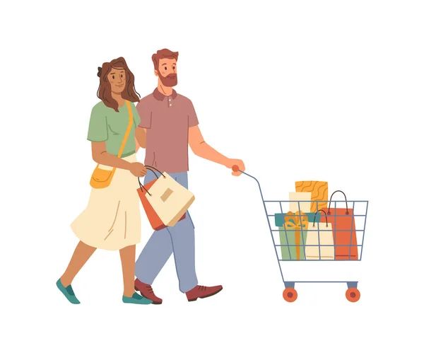 Happy family couple man and woman with bags, sale — Stock Vector