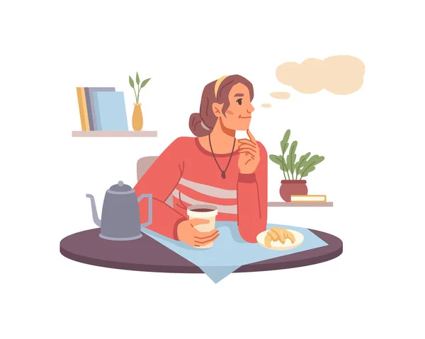 Caucasian troubled woman dreaming, drinking coffee — Vector de stock