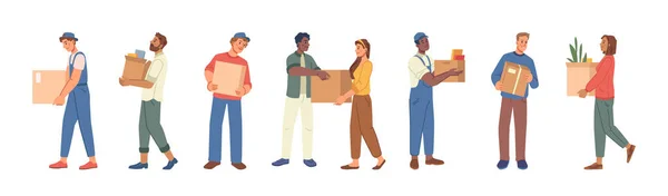 Moving relocation cartoon people carrying boxes — Stock Vector