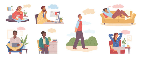 Мечтающие и думающие персонажи в офисе, дома