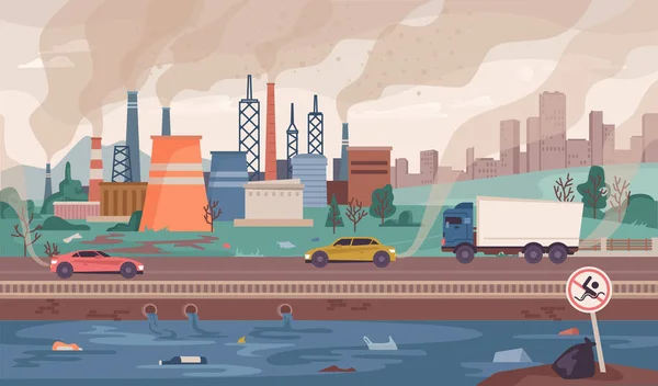 Förorenad smutsig stad med smog och vattenavfall — Stock vektor