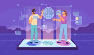 Metaverse mobil konsept, VR gözlüklü insanlar