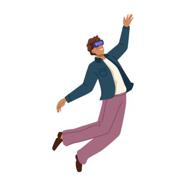 Metaverse konsept, VR gözlüklü adam havada süzülüyor