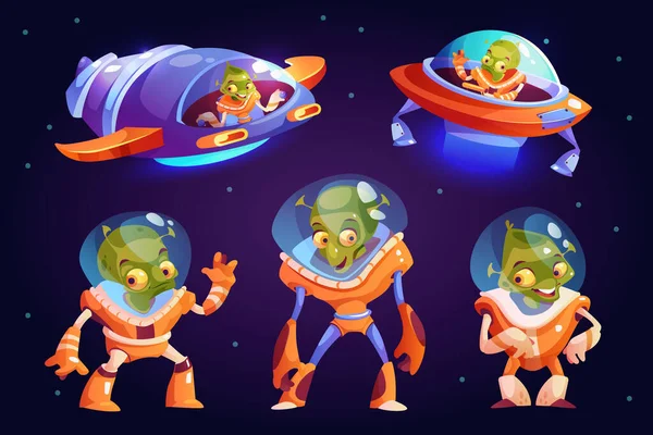 Alieni in astronavi volanti. Set di caratteri Galaxy — Vettoriale Stock