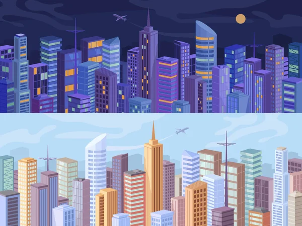 Cityscape à noite e dia, desenhos animados vista aérea — Vetor de Stock