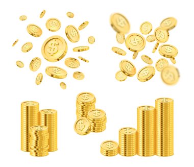 Gerçekçi altın sikkeler yığılıp düşen dolarlar