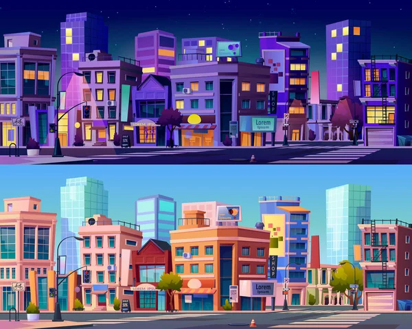 Gece ve gündüz şehir manzarası, kasabalar vektör belirler — Stok Vektör