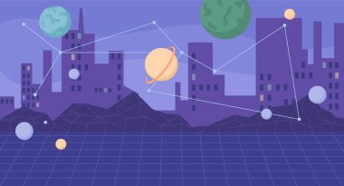 Gökdelenler ve gezegenlerle çevrili bir şehir.