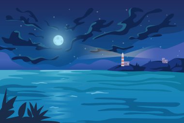 Gece deniz manzarası Ay ve fener ışığı vektörü