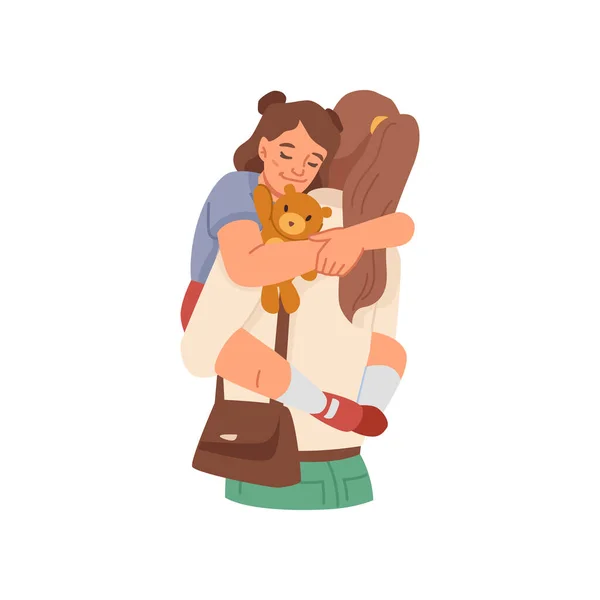 Mãe abraçando filha com brinquedos de urso de pelúcia — Vetor de Stock