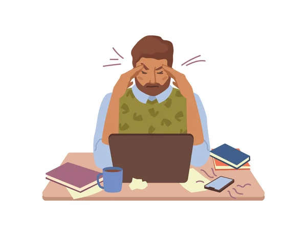 Homme fatigué surmenage au travail, essayer de se concentrer — Image vectorielle