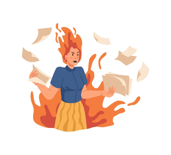Donna arrabbiata con fuoco e pagine, capo furioso — Vettoriale Stock