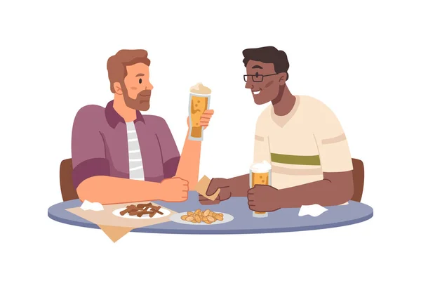 Amis masculins boire de la bière et manger, couple gay — Image vectorielle