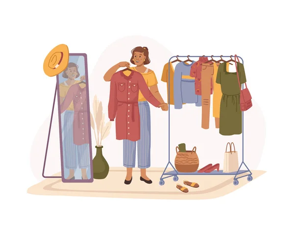 Vrouw probeert kleding, garderobe en spiegel vector — Stockvector
