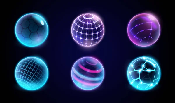 Proteger el conjunto de esferas de energía, bola con barrera de malla — Vector de stock