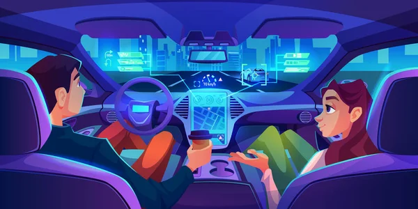 Voiture futuriste sur pilote automatique, conduite et repos — Image vectorielle