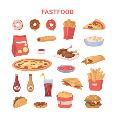 Fast food ürünleri, pizza ve sosisli çörek.