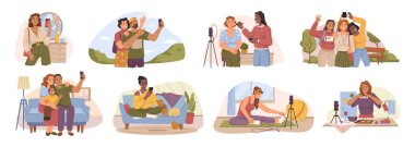 İnsanlar akıllı telefonlarda fotoğraf ve selfie çekiyor.