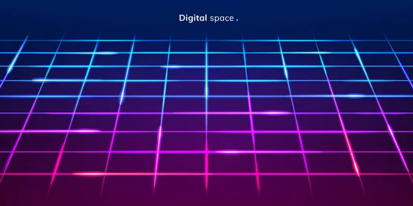 Przestrzeń cyfrowa, neonowe tło z kwadratami linii — Wektor stockowy
