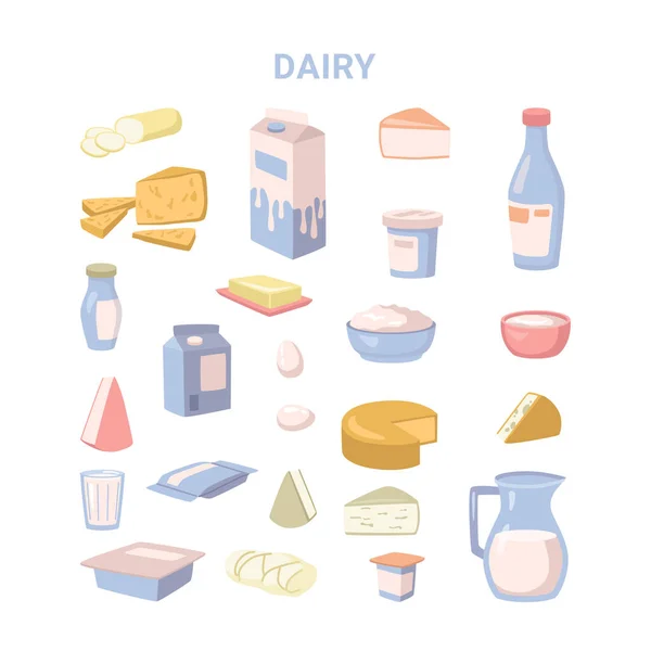 Conjunto de dibujos animados sobre productos lácteos, leche y queso duro — Vector de stock