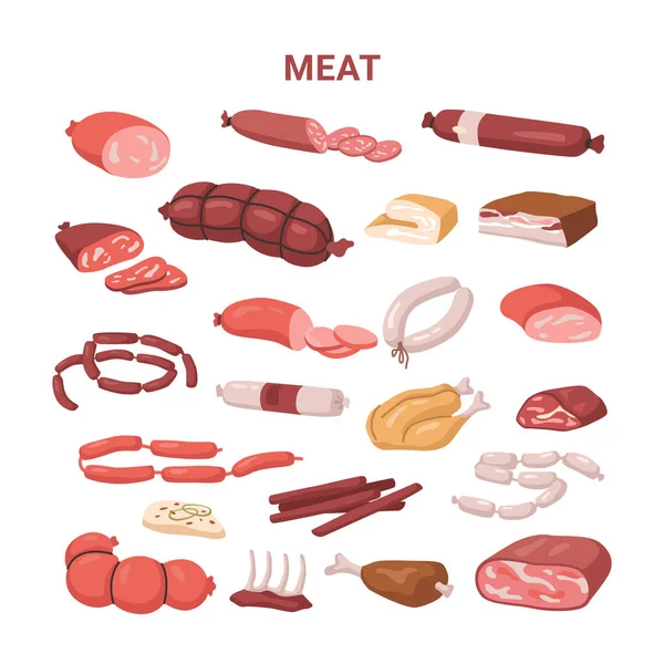 Húsipari termékek hentesáruk, kolbászok és baromfi — Stock Vector