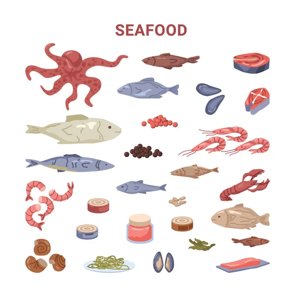 Camarões e lagostas de frutos do mar, peixes e polvos — Vetor de Stock