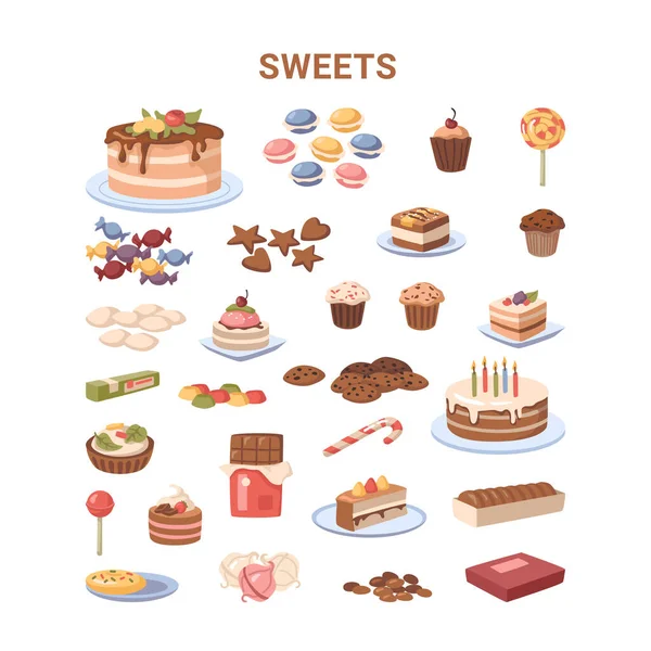 Bonbons et desserts, gâteaux au chocolat avec glaçage — Image vectorielle