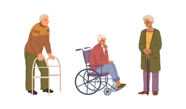 Pessoas idosas felizes com bengala, cadeira de rodas — Vetor de Stock