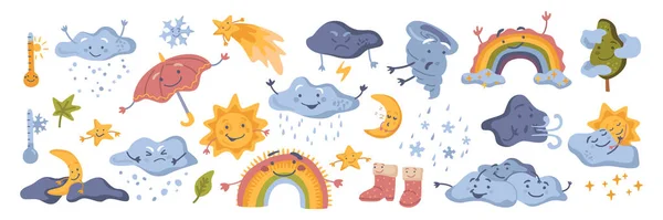 Schattig weer karakter, regenboog en wolken onder — Stockvector