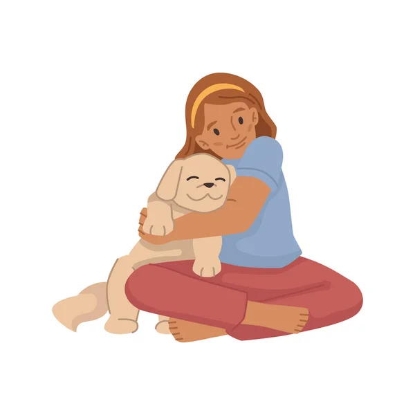 Девочка обнимает щенка, ребенок с собачьим вектором — стоковый вектор