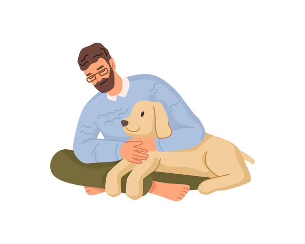 Man cuddling dog, owner and canine pet hugging — Stock Vector