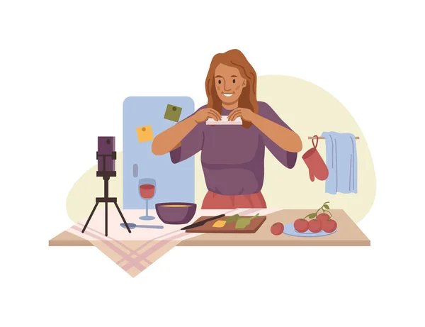 Kvinna fotografering video för matlagning blogg, vlogger — Stock vektor