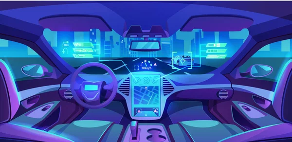 Intérieur de la voiture futuriste sans conducteur, autonome — Image vectorielle