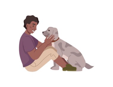 Genç çocuk köpekle oynuyor, çocuk köpek yavrusuyla