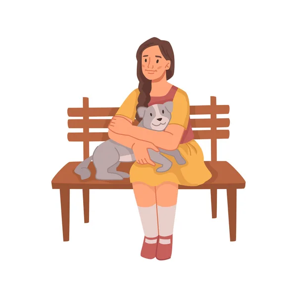 Девочка-подросток держит собаку на скамейке снаружи — стоковый вектор