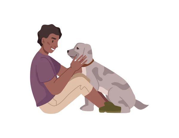 Tiener jongen spelen met hond, kind met puppy — Stockvector