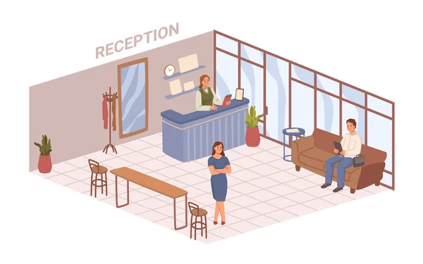 Recepción en oficina, diseño de interiores y planificación — Vector de stock