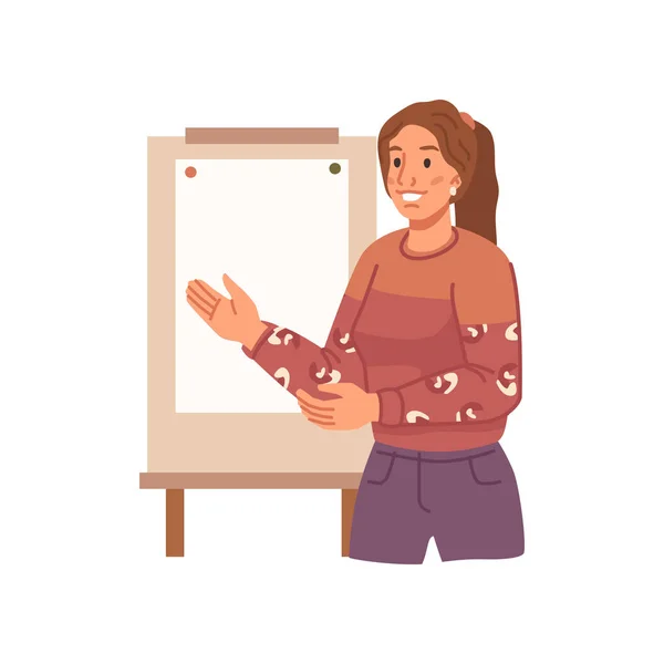 Woman leading presentation showing whiteboard — Stock Vector