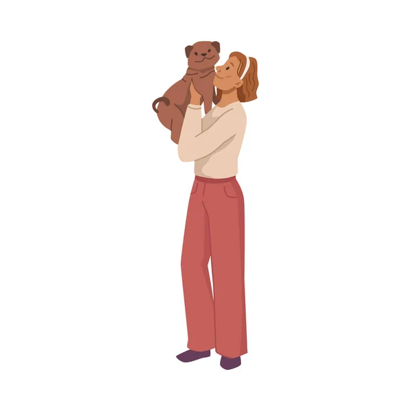 Γυναίκα αγκαλιά κατοικίδιο ζώο, νεαρή κοπέλα με ζώο σκυλί — Διανυσματικό Αρχείο