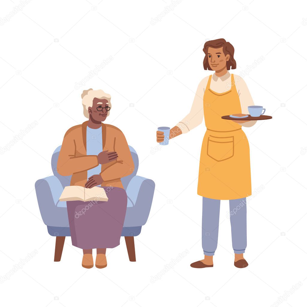 Nurse serving food and drinks to senior woman
