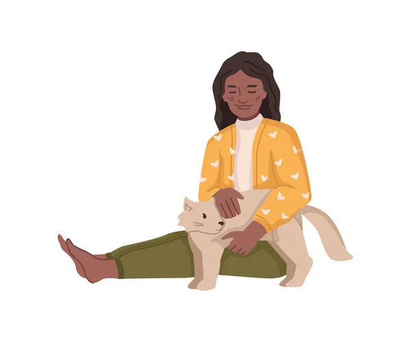 Chat caressant personnage féminin, enfant avec chaton — Image vectorielle